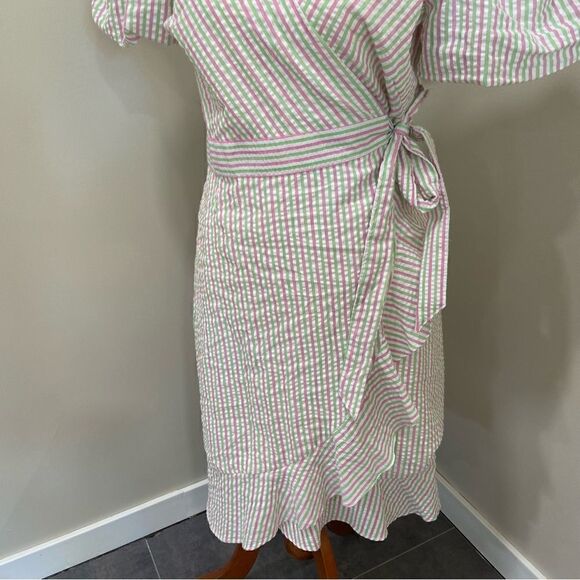 Draper James RSVP Pink Green Striped Seersucker Puff Sleeve Wrap Dress sz M - Picture 4 of 7